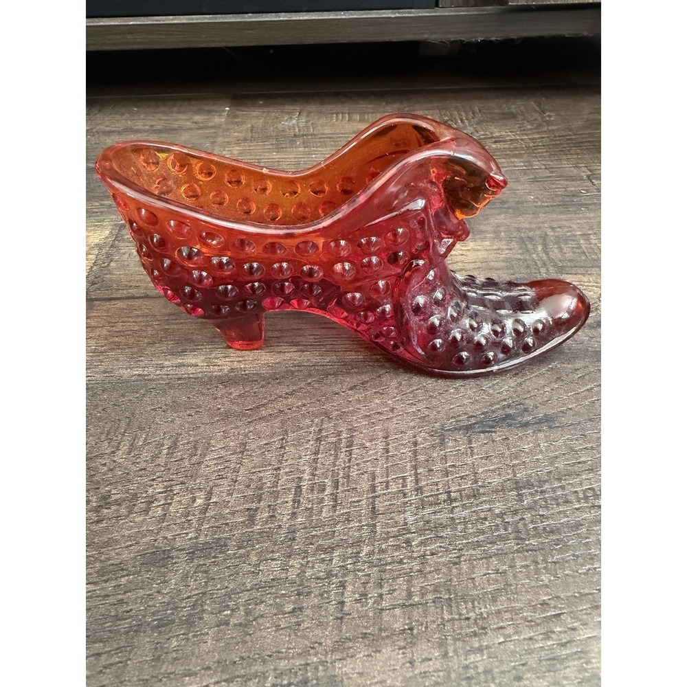 Vintage Fenton glass Amberina cat head on slipper hob nail pattern art glass MCM